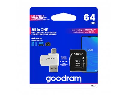 Goodram Micro SDHC 64GB Class 10 + SD adaptér + čtečka OTG, UHS-I, 100MB/s (M1A4-0640R12)