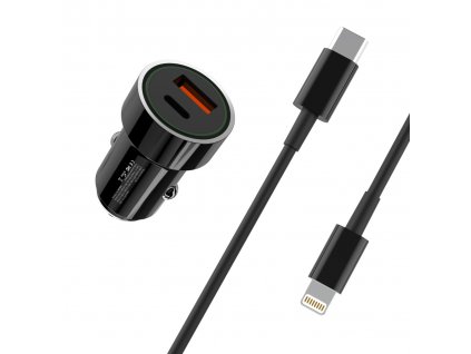 XO TZ11 nabíječka do auta USB / USB-C PD / QC 3.0 / 20W / kabel PD iPhone černá