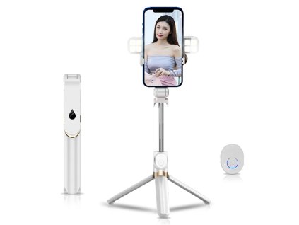 OEM SSTR-20 selfie tyč / stativ / s LED osvětlením / bluetooth ovladač / bílá