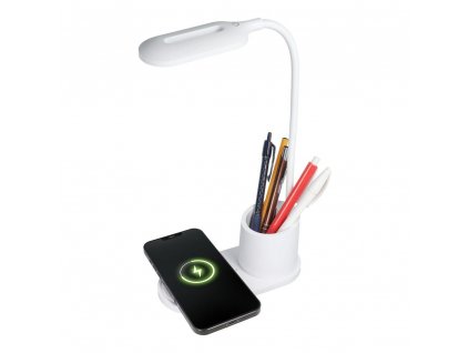 OEM bezdrátová stolní nabíječka na mobilní telefon + lampa + držák na tužky - bílá