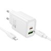 Hoco N63 rychlonabíječka do sítě USB + USB-C 30W / PD, QC 3.0 / kabel USB-C/Apple bílá
