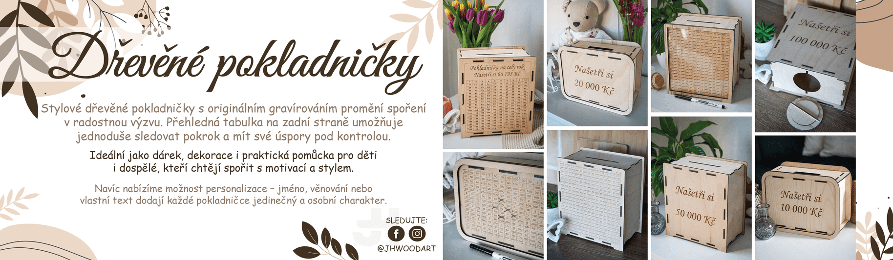 Originální dřevěné pokladničky s gravírovanou tabulkou pro sledování úspor od Jhwoodart.