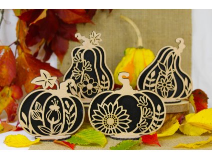 Sada 4 dřevěných dekorativních dýní – podzimní styl s květinovým vzorem