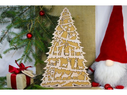 Dřevěný vánoční stromek s motivem betlému – originální sváteční dekorace