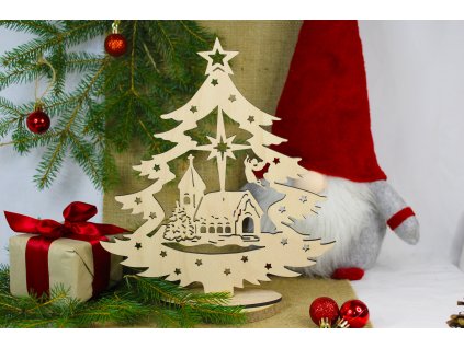 Dřevěná vánoční dekorace s motivem stromku a kapličky – elegantní laserová výzdoba
