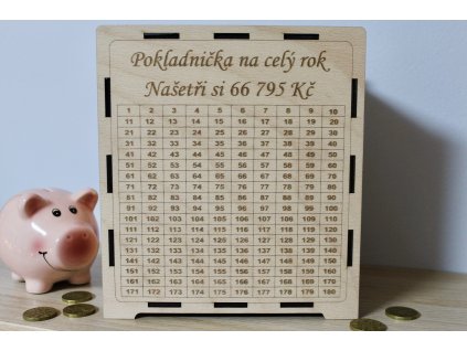 Dřevěná pokladnička – Pokladnička na celý rok (66 795 Kč)