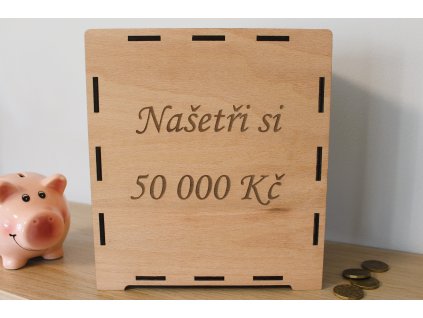 Dřevěná pokladnička - Spořicí výzva 50 000 Kč