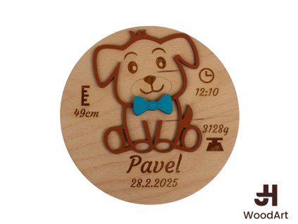 Dřevěná památka k narození miminka – štěňátko s údaji na míru
