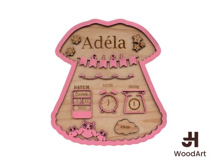 Dřevěná památka k narození miminka – šatičky s údaji na míru
