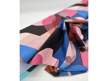 Bavlněný voál šatovka látka s motivem Architekt pastel Růžová, modrá -design Nerida Hansen