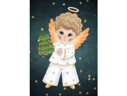 Vánoční pohlednice s andělíčkem tm.modrá