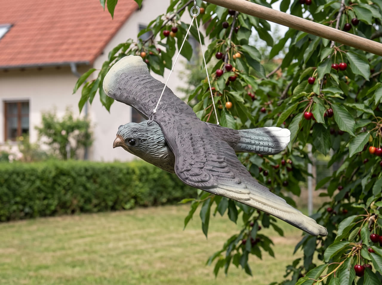 Plastová maketa letícího dravce visí na šňůrce z tyče u třešně obsypané plody, za ní trávník a dům