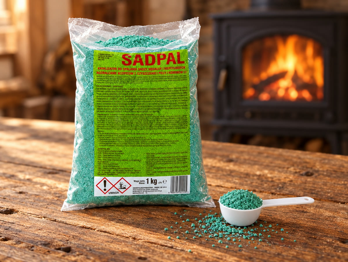 Otevřené balení Sadpal 1 kg s odměrnou lžičkou na dřevěném stole, v pozadí kamna