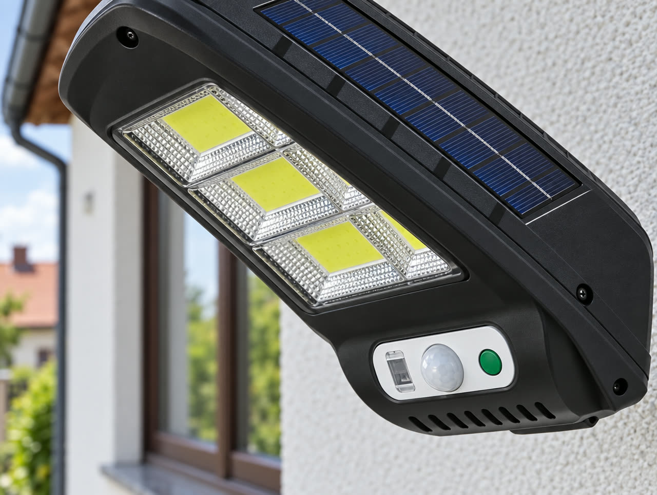 Detail LED panelu lampy s čidlem pohybu a solárním panelem nad ním