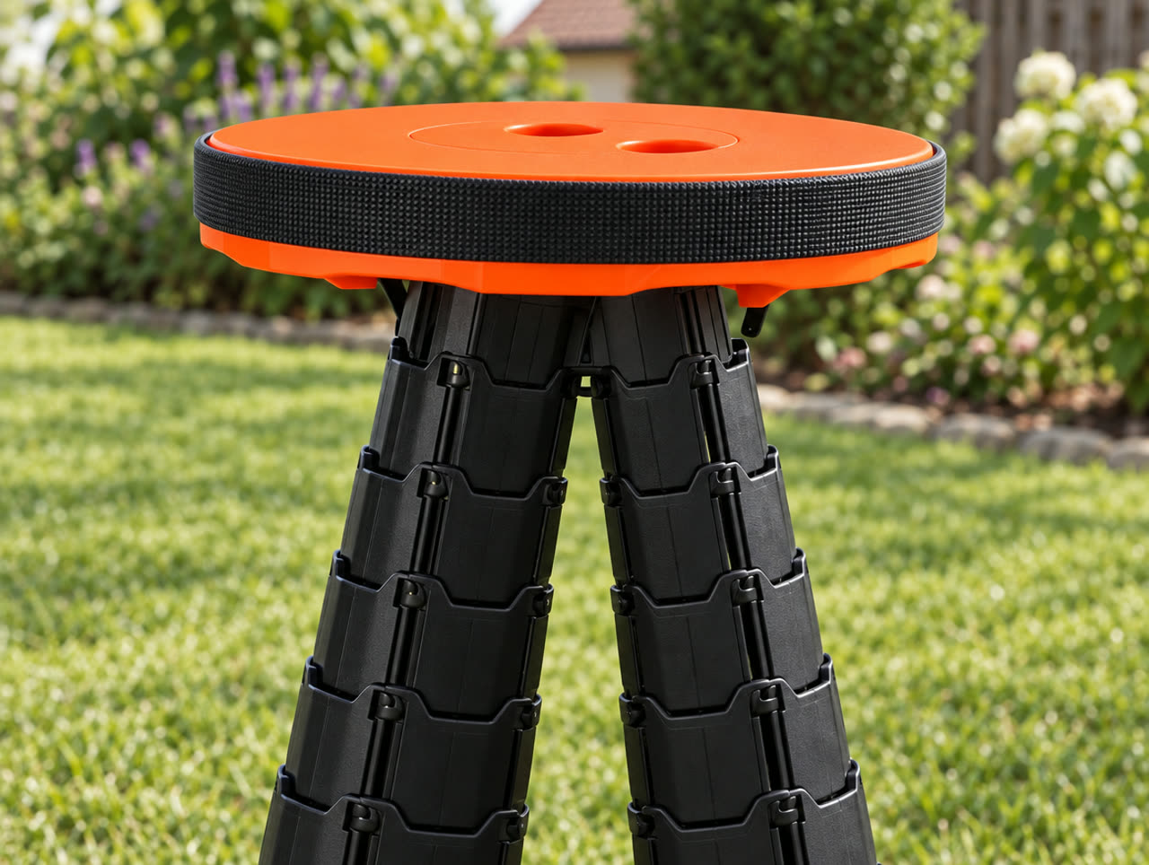 Detail harmonikového sloupku stoličky a oranžového sedáku