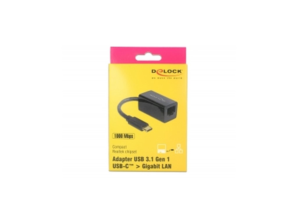 Delock Adaptér Super Speed USB (USB 3.1 Gen 1) s USB Type-C™ samec > Gigabit LAN 10/100/1000 Mbps kompaktní černý