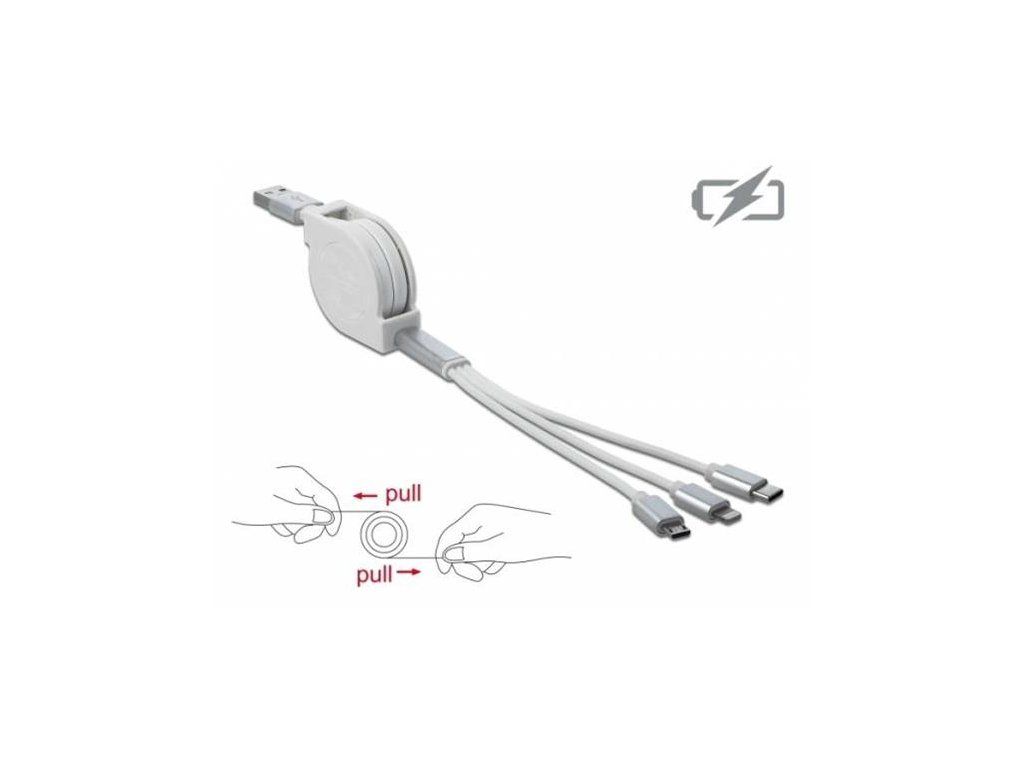 Delock Zatažitelný kabel USB 3 in 1 pro konektory osmipinový / Micro USB / USB Type-C, bílý