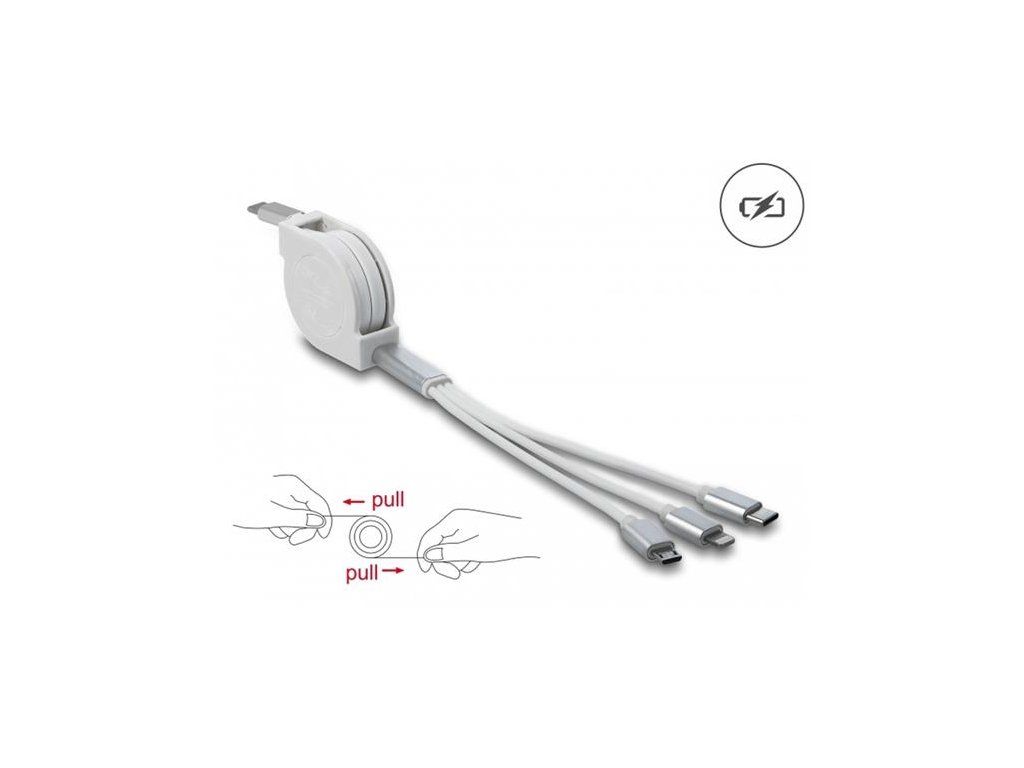 Delock Zatažitelný kabel USB Type-C 3 in 1 pro konektory osmipinový / Micro USB / USB Type-C, bílý