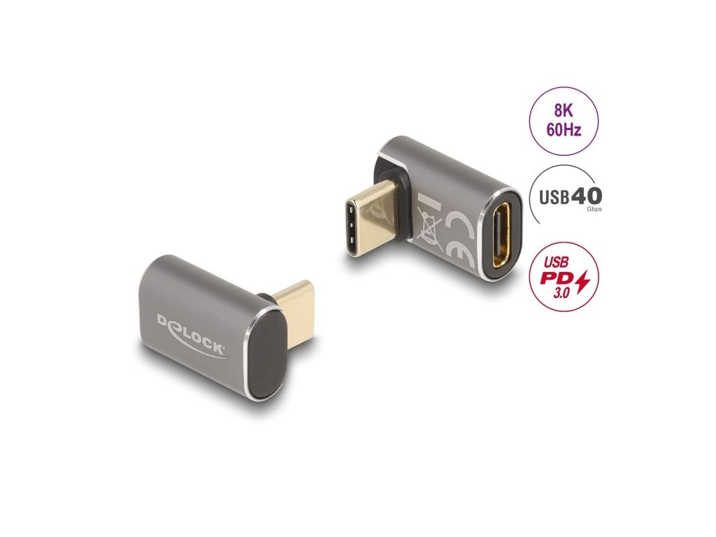 Delock USB Adaptér 40 Gbps USB Type-C™ PD 3.0 100 W samec na samice pravoúhlý 8K 60 Hz kovová