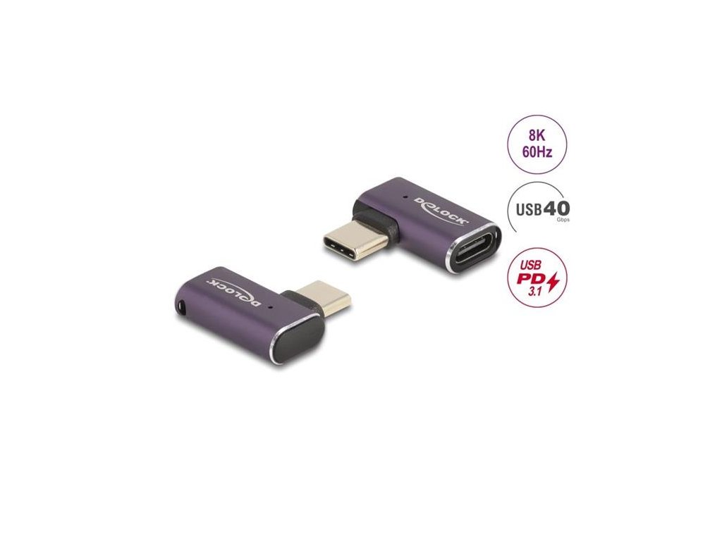 Delock USB Adaptér 40 Gbps USB Type-C™ PD 3.1 240 W samec na samice pravoúhlý levý / pravý 8K 60 Hz kovová