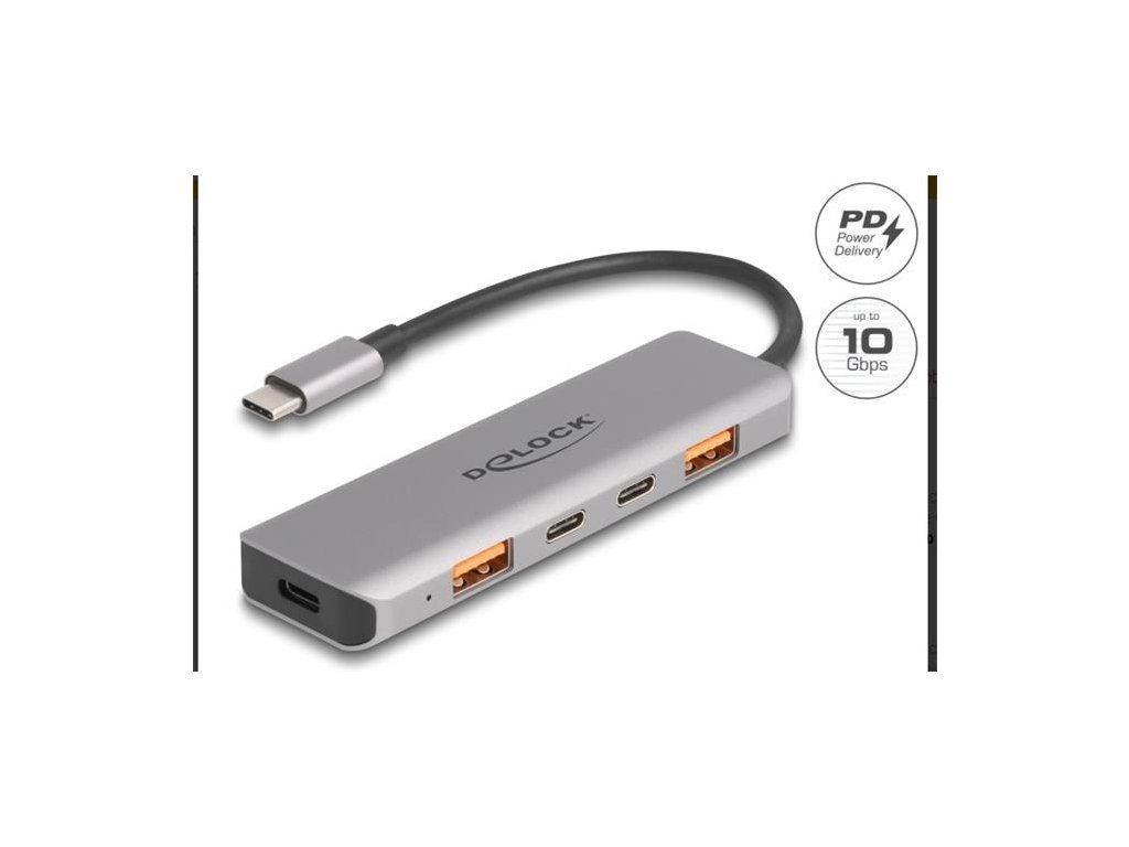 Delock Hub USB 10 Gbps se 2 porty USB Typ-A + 2 porty USB Type-C s konektorem USB Type-C a s PD 95 W