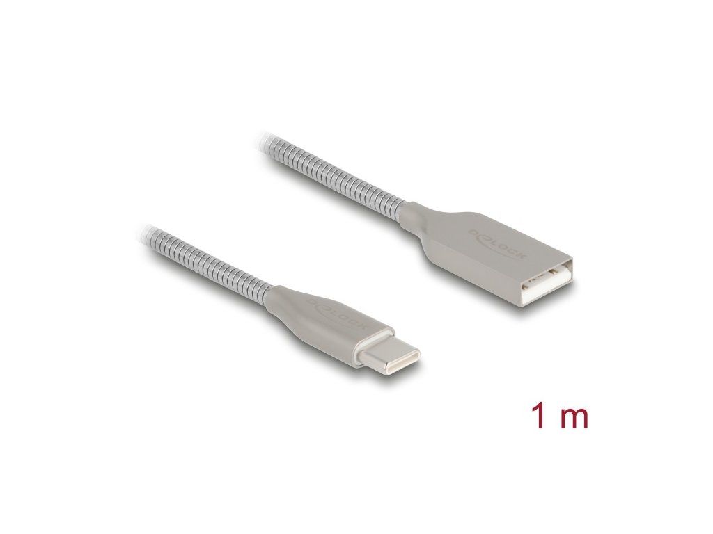 Delock Kabel USB 2.0 s kovovým opláštěním USB Typ-A samec na USB Type-C samec PD 3.0, 60 W, 1 m, stříbrný