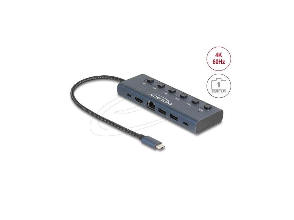 Delock USB Type-C Dokovací stanice 4K - HDMI / USB / Gigabit LAN / PD 3.0 90 W s přepínači