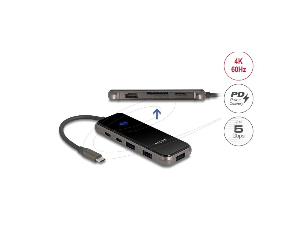 Delock Dokovací stanice USB Type-C™ 4K – HDMI / USB Hub / SD - Micro SD slot / PD 3.0 85 W s povrchem z tvrzeného skla