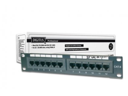 Digitus CAT 5e patch panel, nestíněný, 12 portů RJ45 8P8C, LSA, 1U, 254 mm (10 "), bl, 482x44x109 mm