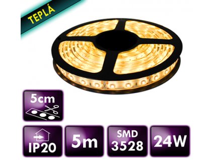 LED pásek - SMD 2835 - 5m 24W IP20 60LED/m 4,8W/m teplá bílá s konektorem