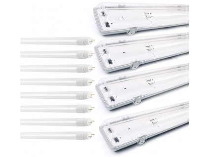 4x Svitidlo + 8x LED trubice - T8 - 120cm - 18W - 12800Lm - teplá bílá - SADA