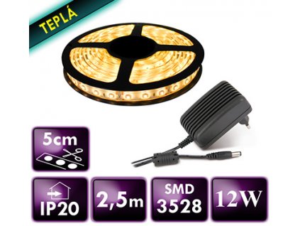 LED pásek - SMD 2835 - 2,5m - 60LED/m - 12W - teplá bílá - IP20 - zdroj SADA