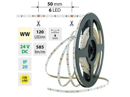 MCLED Pásek LED SMD2216 WW, 120LED/m, 7,2W/m, DC 24V, 585lm/m, CRI90, IP20, 4mm, 10m