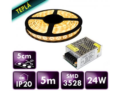 LED pásek - SMD 2835 - 5m - 60LED/m - 4,8W/m - IP20 - teplá bílá + zdroj