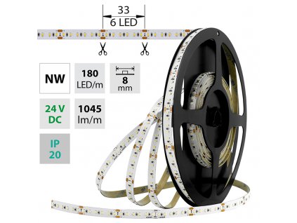 MCLED Pásek LED SMD2216 NW, 180LED/m, 12W/m, DC 24V, 1045lm/m, CRI90, IP20, 8mm, 5m