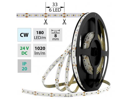 MCLED Pásek LED SMD2216 CW, 180LED/m, 12W/m, 1020lm/m, IP20, DC 24V, 8mm, 5m