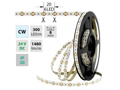 MCLED Pásek LED SMD2216 CW, 300LED/m, 18W/m, DC 24V, 1480lm/m, CRI90, IP20, 8mm, 5m