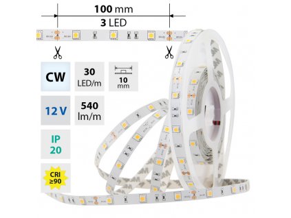 MCLED Pásek LED SMD5050 CW, 30LED/m, 7,2W/m, 540lm/m, IP20, DC 12V, 10mm, 50m