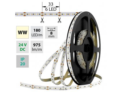 MCLED Pásek LED SMD2216 WW, 180LED/m, 12W/m, 975lm/m, IP20, DC 24V, 8mm, 5m