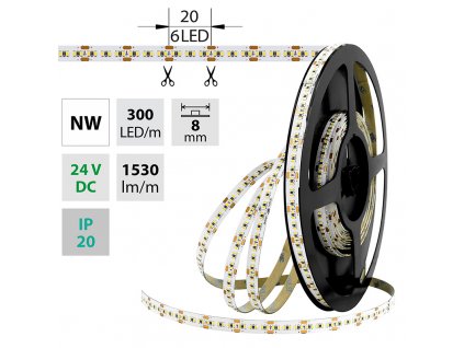 MCLED Pásek LED SMD2216 NW, 300LED/m, 18W/m, 1530lm/m, IP20, DC 24V, 8mm, 5m