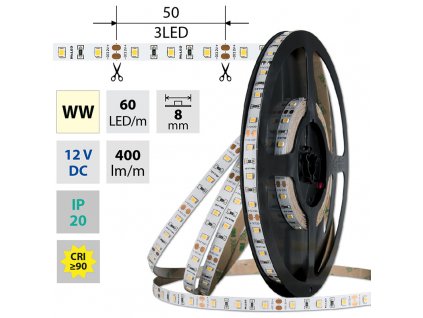 MCLED Pásek LED SMD2835 WW, 60LED/m, 4,8W/m, DC 12V, 400lm/m, CRI90, IP20, 8mm, 5m