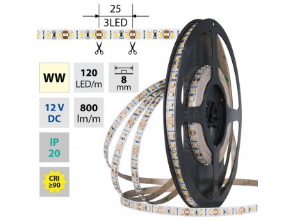 MCLED Pásek LED SMD2835 WW, 120LED/m, 9,6W/m, DC 12V, 800lm/m, CRI90, IP20, 8mm, 50m