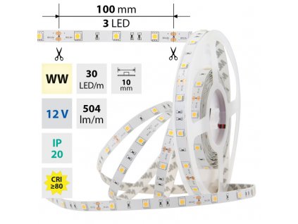 MCLED Pásek LED SMD5050 WW, 30LED/m, 7,2W/m, 504lm/m, IP20, DC 12V, 10mm, 5m