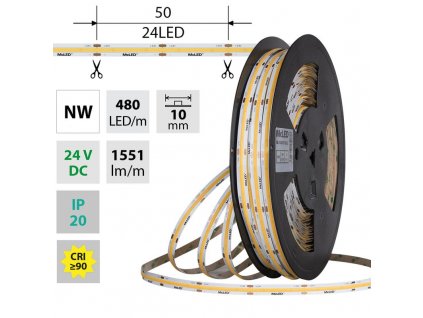 MCLED Pásek LED COB NW, 480LED/m, 15W/m, DC 24V, 1551lm/m, CRI90, IP20, 10mm, 50m