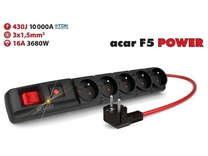 Acar F5 1.5m kabel, 5 zásuvek, přepěťová ochrana, max.proud 16A, černý
