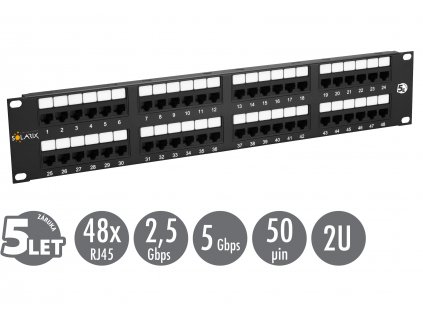 19'' patch panel Solarix 48 x RJ45 CAT5E UTP 150 MHz černý 2U SX48-5E-UTP-BK