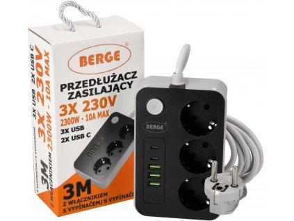 Prodlužovací kabel - 3 m - 3 zásuvky + USB