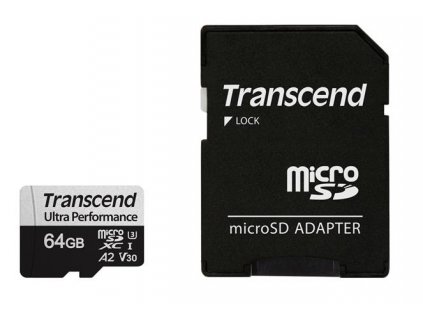 Transcend 64GB microSDXC 340S UHS-I U3 V30 A2 3D TLC (Class 10) paměťová karta (s adaptérem), 160MB/s R, 80MB/s W