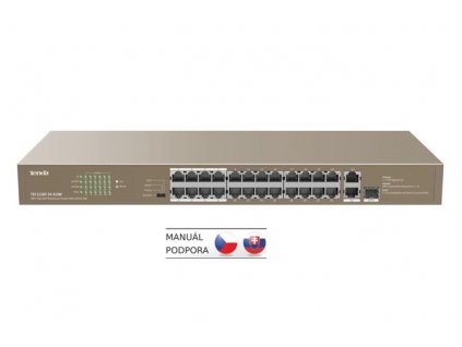 Tenda TEF1126P-24-410W - PoE AT Switch 370Watt, 24xRJ45 10/100 Mbps PoE, 2x Gigabit Uplink RJ45/SFP, Fanless, Kov