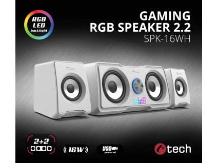 C-TECH reproduktory SPK-16, 2.2, 16W, RGB podsvícení, 3,5mm jack, USB napájení, bílé